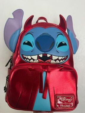 Disney Red Stitch Mini Backpack with Blue Face and Purple Ears w/matching wallet